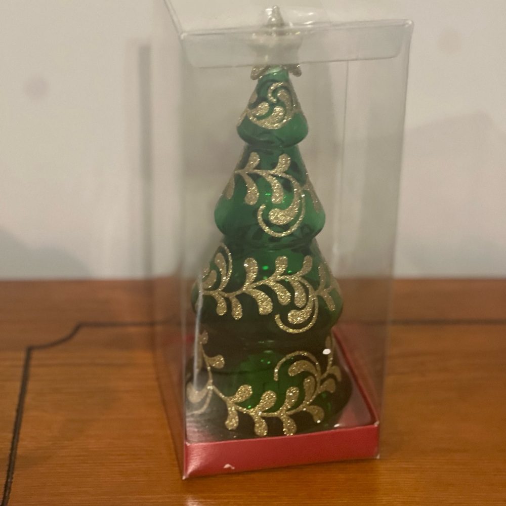 Pier 1 Green Glass Christmas Tree: Color Changing Lights • Gold Sparkles & Star
